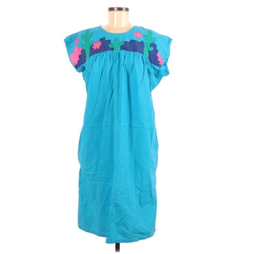 Cactus Flower Teal Summer Dress Medium Pink Green - Picture 9 of 10